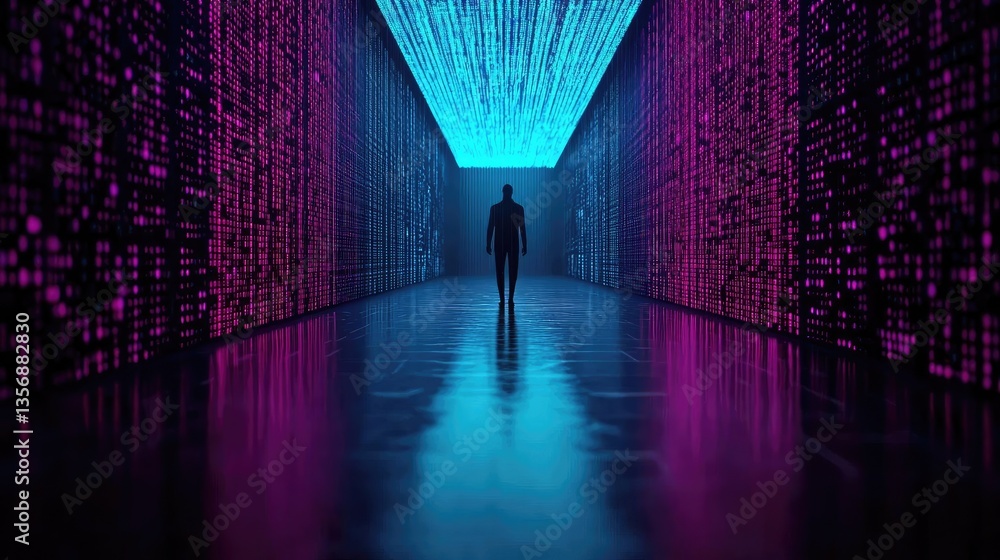 Poster Binary code background in a computer matrix with scientific digital concept. A figure standing in a colorful digital corridor of lights.