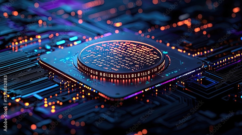 Aufkleber Binary code background with abstract database and light technology concept. Futuristic microchip on a circuit board with vibrant lighting.