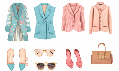 Fashion Essentials: Exquisite collection of contemporary women's attire and accessories, showcasing an array of stylish jackets, elegant shoes, chic sunglasses, and a fashionable handbag.