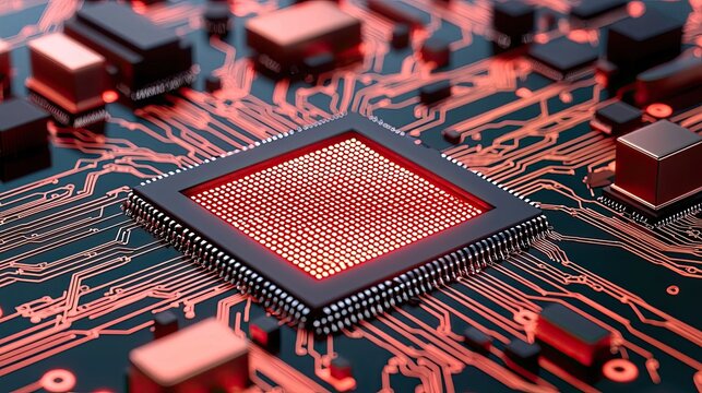 Binary code background with abstract database and light technology concept. Close-up of a microchip on a circuit board with intricate details.