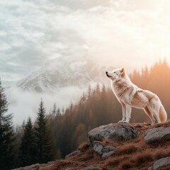 Fantasy-style white wolf standing on an icy peak with low-poly effects.