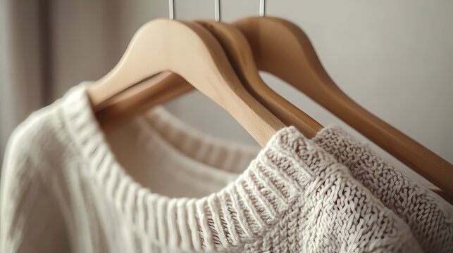 Cozy Knits on Hangers: Delicate knit sweaters, in a warm neutral tone, hang gracefully on wooden hangers, inviting touch and comfort, creating a sense of effortless style and home.