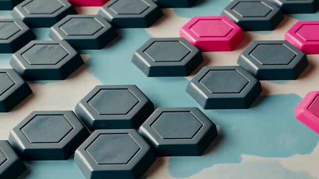 A close up of a blue and red hexagon. The blue hexagon is surrounded by red hexagons