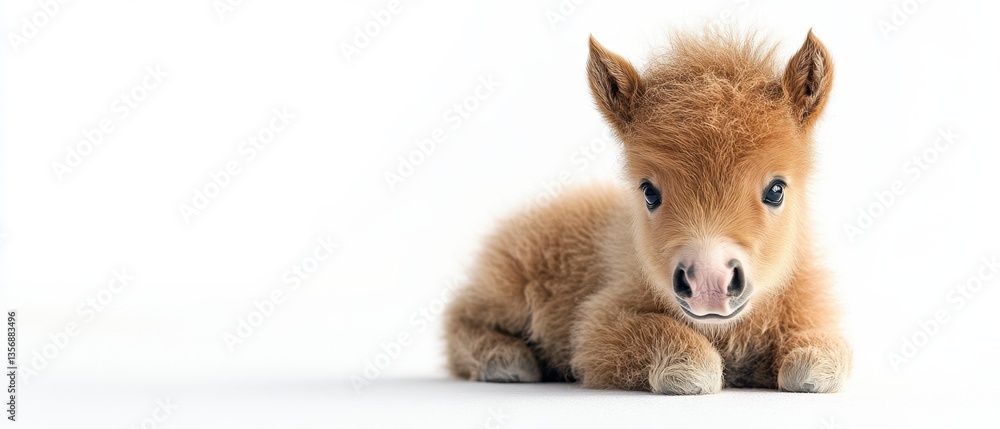 Poster adorable miniature horse foal resting on white background capturing innocence and charm in a studio 
