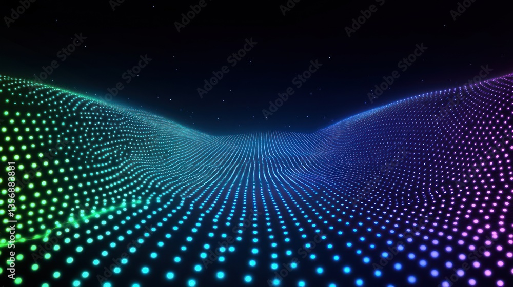 Poster abstract glowing dot matrix landscape with gradient hues in a dark virtual space creating a futurist