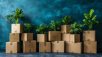 A collection of boxes overflowing with green plants symbolizing the stress and excitement of moving day ahead