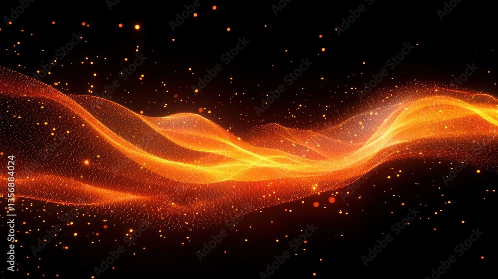Poster an abstract glowing orange energy wave shimmering against a dark background with scattered light par