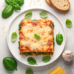 Spinach Lasagna on a White Plate with Fresh Basil Garnish  