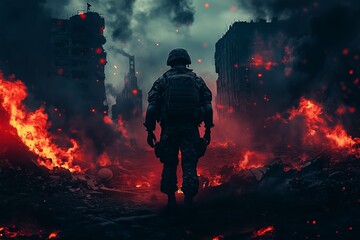 A soldier stands in war-torn ruins, ready to fight, with burning buildings and smoke in this dramatic scene.