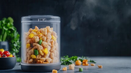 Naklejka premium A stylish airtight transparent container perfectly preserves pet food freshness keeping kibble crunchy and delicious maintaining optimal quality for your beloved cat.