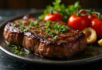 Perfectly Cooked Steak with Fresh Garnishes on Dark Marble Surface