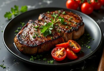 Perfectly Cooked Steak with Fresh Garnishes on Dark Marble Surface