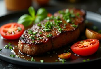 Perfectly Cooked Steak with Fresh Garnishes on Dark Marble Surface