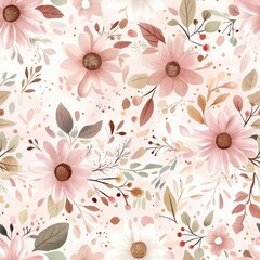 Seamless Pattern of Blush Pink and White Daisies with Muted Green and Brown Foliage and Delicate Sprigs and Speckles