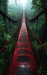 Fototapeta premium A red steel bridge in the jungle with fog and rain