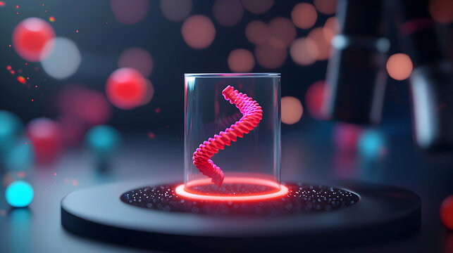 Red Pixelated DNA Helix in Glass Cylinder on Dark Background - Powered by Adobe