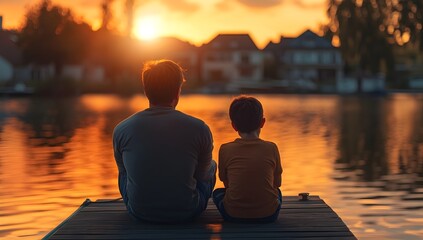 A poignant scene of a father and son, silhouetted against the radiant backdrop of a sunset over a serene lake. The pair is seated at the edge of a wooden pier.