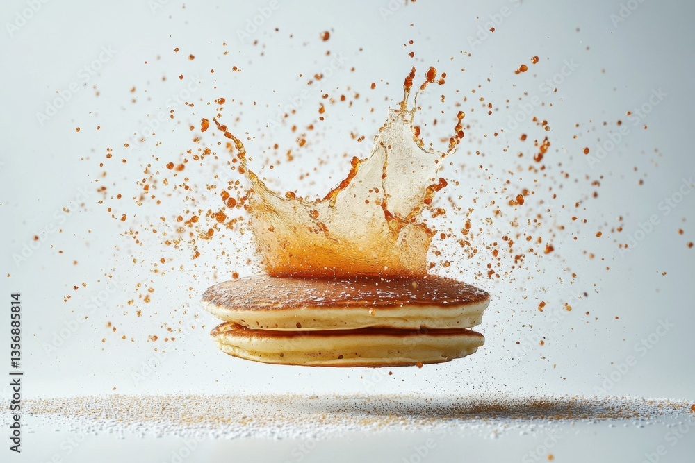 Poster delicious pancakes stack with maple syrup splash in a dynamic food photography on a bright backgroun