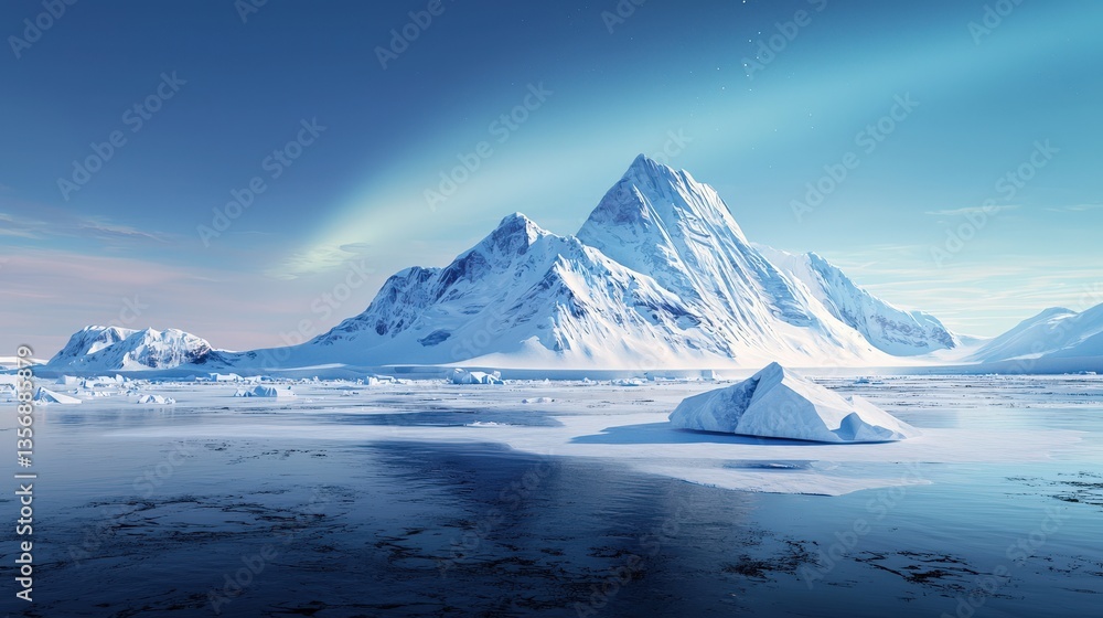 Poster a mountain range is in the background with a large ice block in the foreground. the sky is clear