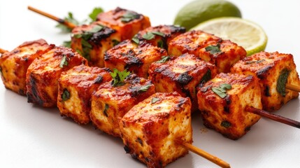 Delicious paneer tikka skewers with lime garnish offering a flavorful and aromatic culinary experience perfect for healthy eating and vegetarian cuisine