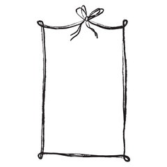 Ribbon frame with tied bow in black brush stroke texture isolated on white background. Hand drawn vector sketch illustration in vintage charcoal ink. Greeting card design, invitation element