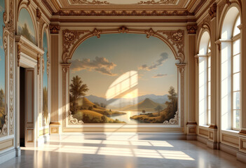 Traditional mural wallpaper design featuring elegant landscape and classical architecture