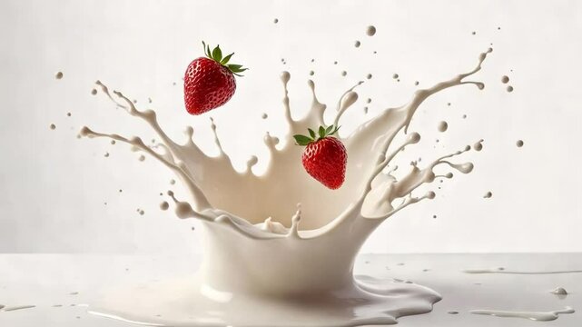 Fresas cayendo en leche con salpicadura en fondo blanco