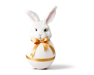 A fluffy white Easter bunny sitting beside a large, beautifully decorated egg wrapped with a ribbon, against a white background.
