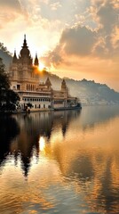 Fototapeta premium Bathe in the Golden Embrace of a Ganges Sunset with Temple Reflection Shimme on the Calm Water in Majestic Serenity