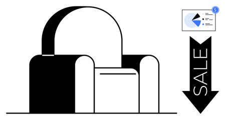 Armchair with minimalist design paired with a downward arrow marked SALE and a pie chart. Ideal for furniture sales, discounts, market analysis, commerce, advertising, design, flat simple metaphor