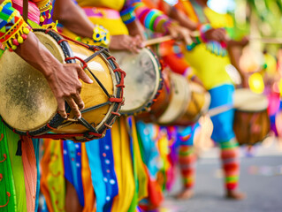 Hands of Drummers with Ornate Drums in Colorful lively Parade. Festive Celebration, Vibrant Decor, Traditional festive Music Instrument. Close-up
