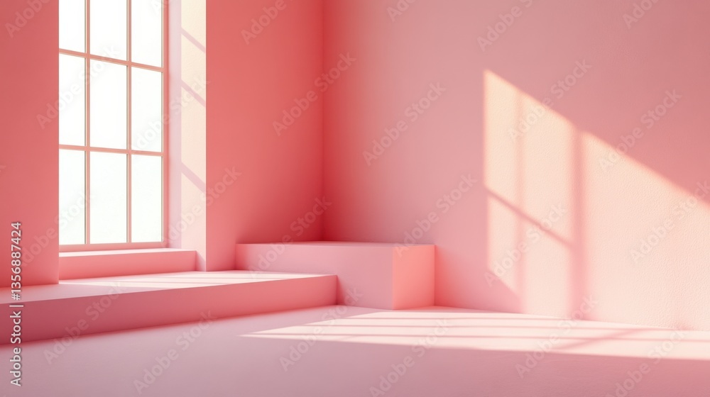 Poster serene pink room with window light casting shadows on the wall and platform creating a minimalist an