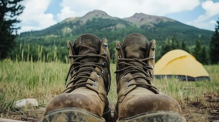 Mountain Boots and Tent in a Serene Landscape