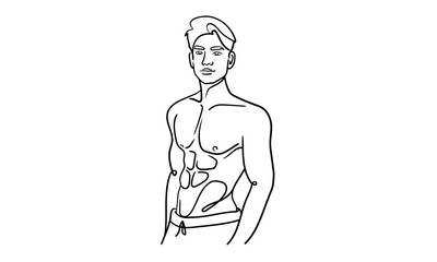 Sport man narcissist, admires himself on white background. Line art drawing. Sport guy model. Vector illustration