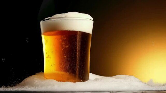 Cerveza con espuma desbordante y salpicadura sobre fondo dorado