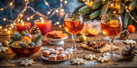 Cozy winter evening ambiance with Aperol Spritz and an array of sweet treats on a festively decorated table featuring twinkling lights and snowflakes, twinkling lights, holiday desserts
