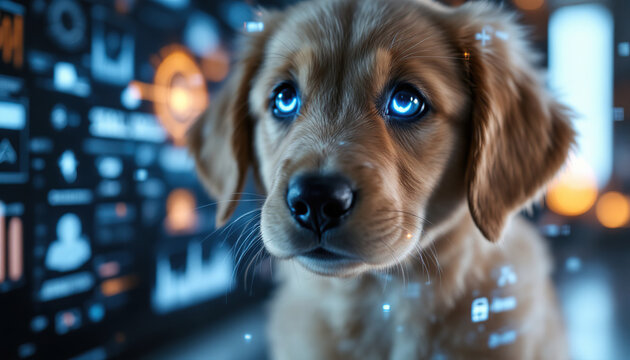 A cute golden retriever puppy with digital glowing blue eyes - Powered by Adobe
