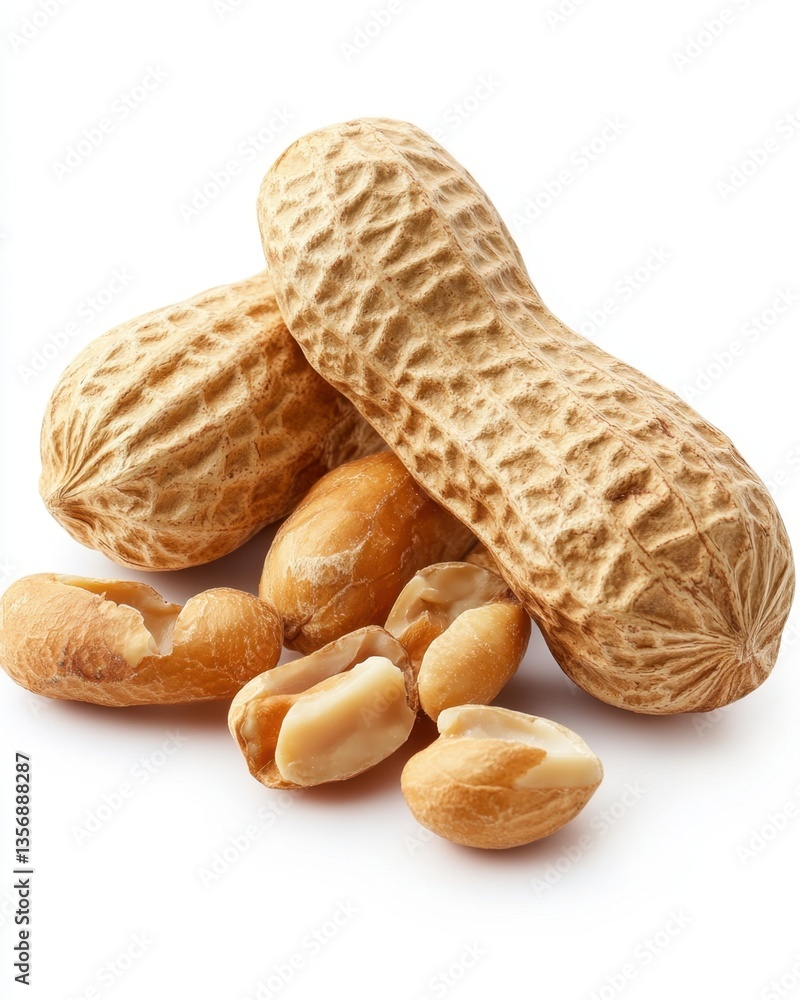 Poster captivating close up of fresh peanuts with shell and kernels against a clean white backdrop showcasi