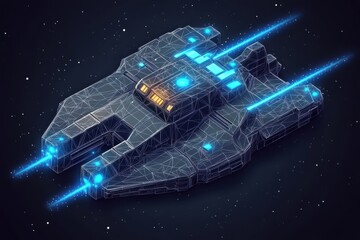 A sleek and futuristic spaceship with glowing lights and intricate details, set against a starry outer space backdrop.