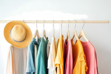 Colorful Wardrobe Display: A stylish arrangement of brightly colored apparel, from vibrant tops to a fashionable hat, neatly organized on wooden hangers, creating a visually appealing display.