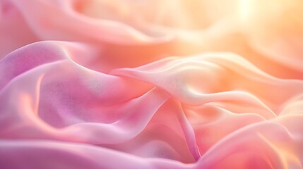 Fototapeta premium Close-up of pastel silk ribbons fluttering against a blurred soft-focus background, smooth and flowing texture, golden hour lighting, high-definition cinematic depth, tranquil and dreamy feel.