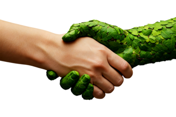 Eco-Friendly Partnership: Human Hand Shaking with Nature