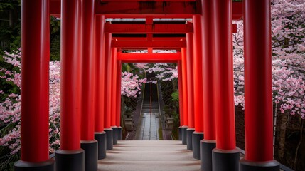 Vibrant cherry blossom trees surrounding a peaceful shrine, their pink petals adding a sense of serenity to the spiritual landscape.