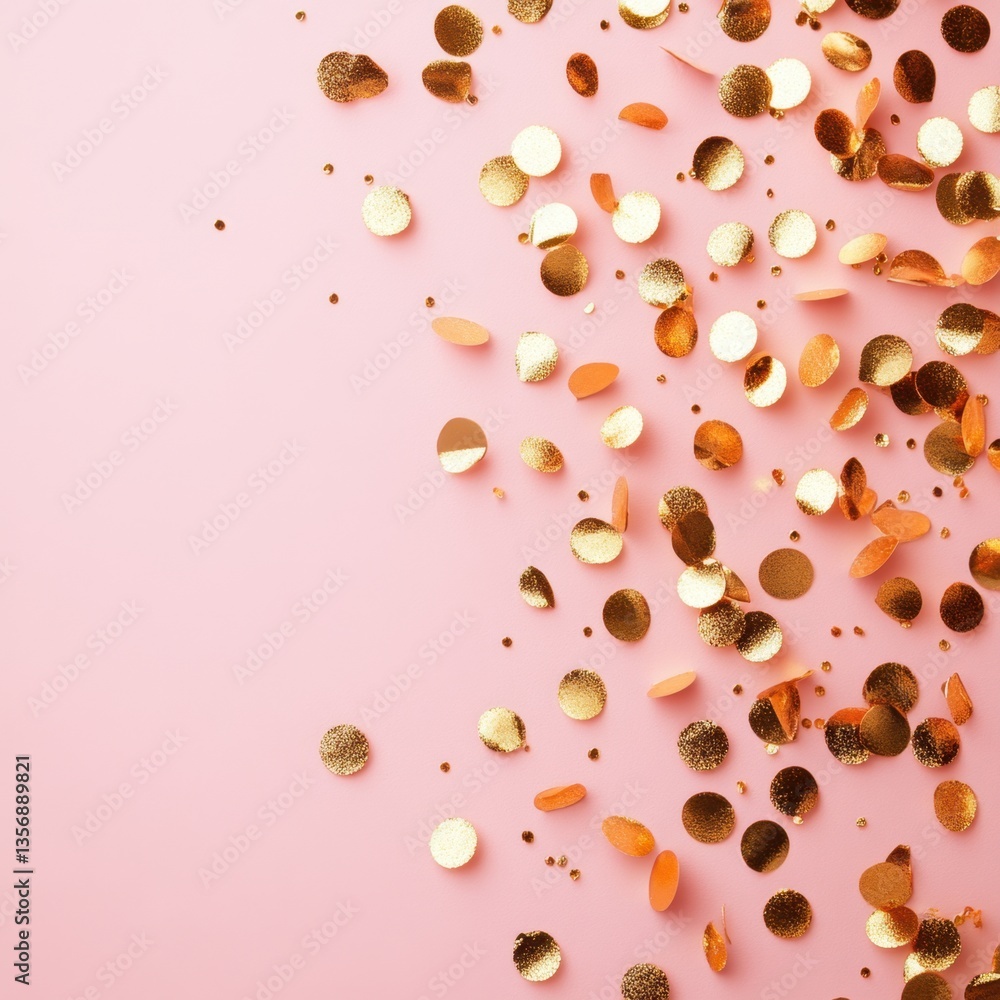 Poster festive golden confetti scattered on a soft pink background creating a celebratory and elegant visua