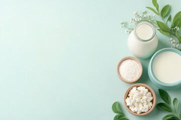 Assorted dairy products with fresh greenery on a light background