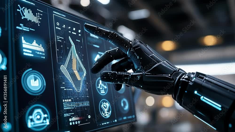 Poster robotic hand interacting with a high tech digital interface, displaying complex holographic data and