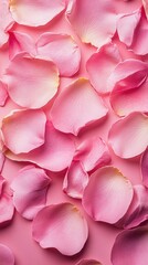 Fototapeta premium Delicate pink rose petals on pastel pink background creating a romantic floral pattern for Valentine's day or wedding design