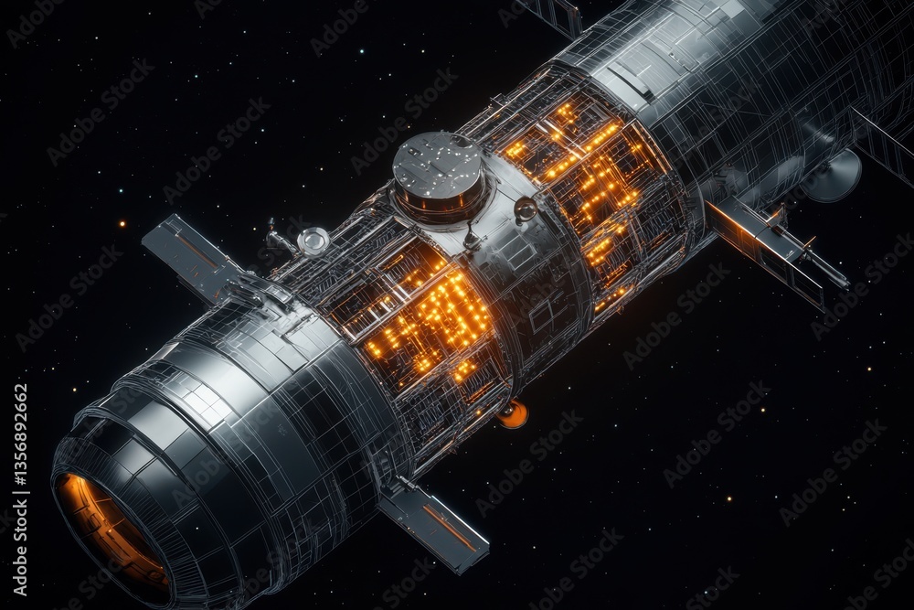 Poster a clock with digital display showing time, set against the backdrop of a futuristic space station wi