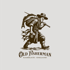 old fisherman carrying fishes vector logo 