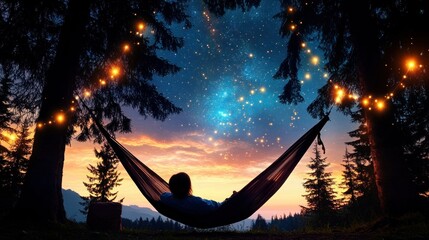 Relaxing in a hammock under a starry night sky, forest backdrop